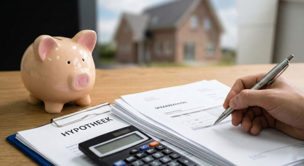 Close-up van een hand die financiële documenten invult met op de voorgrond een spaarvarken, rekenmachine en een map met het woord 'Hypotheek', met op de achtergrond een huis in focus.